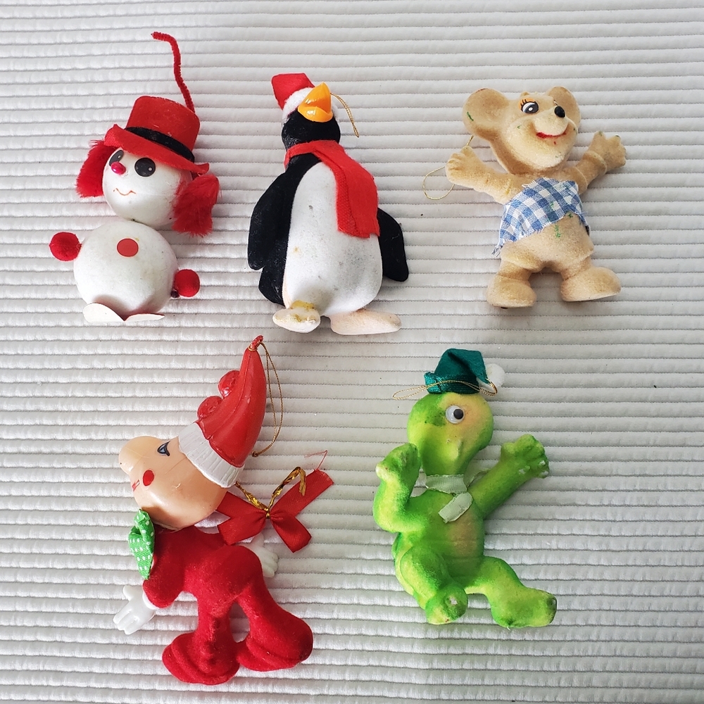 5 Flocked Felted Christmas Ornaments Vintage Turtle Mouse Penguin Elf Snowman